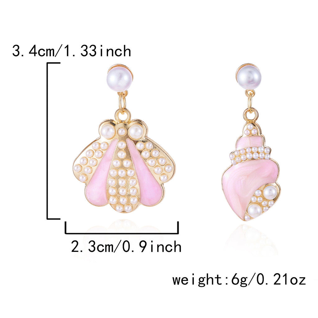 Asymmetric Shell Conch Pearl Drop Earrings - Pink