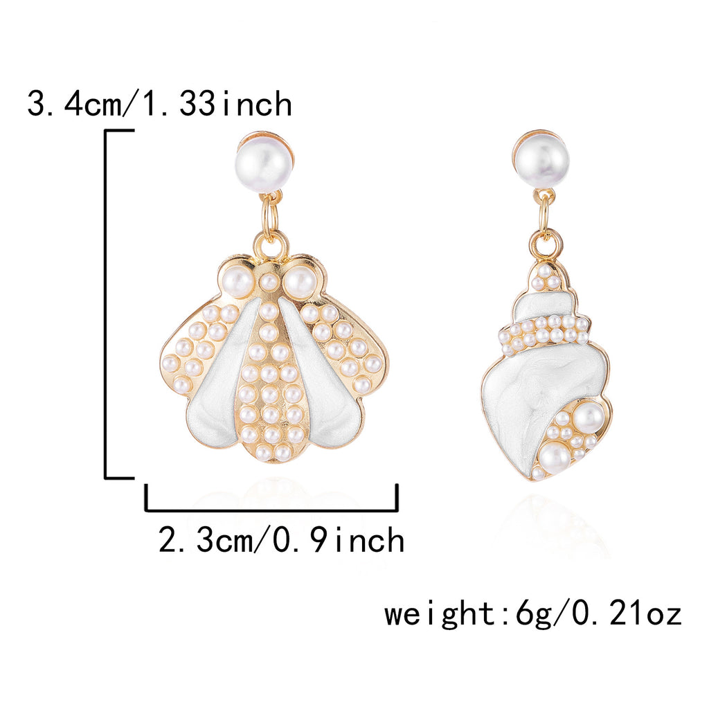 Asymmetric Shell Conch Pearl Drop Earrings - White