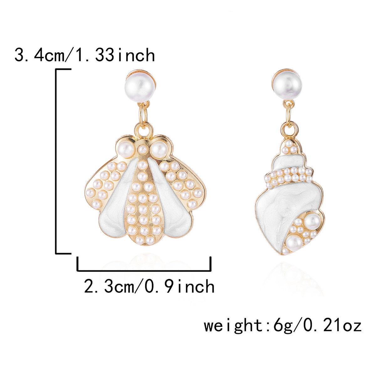 Asymmetric Shell Conch Pearl Drop Earrings - White