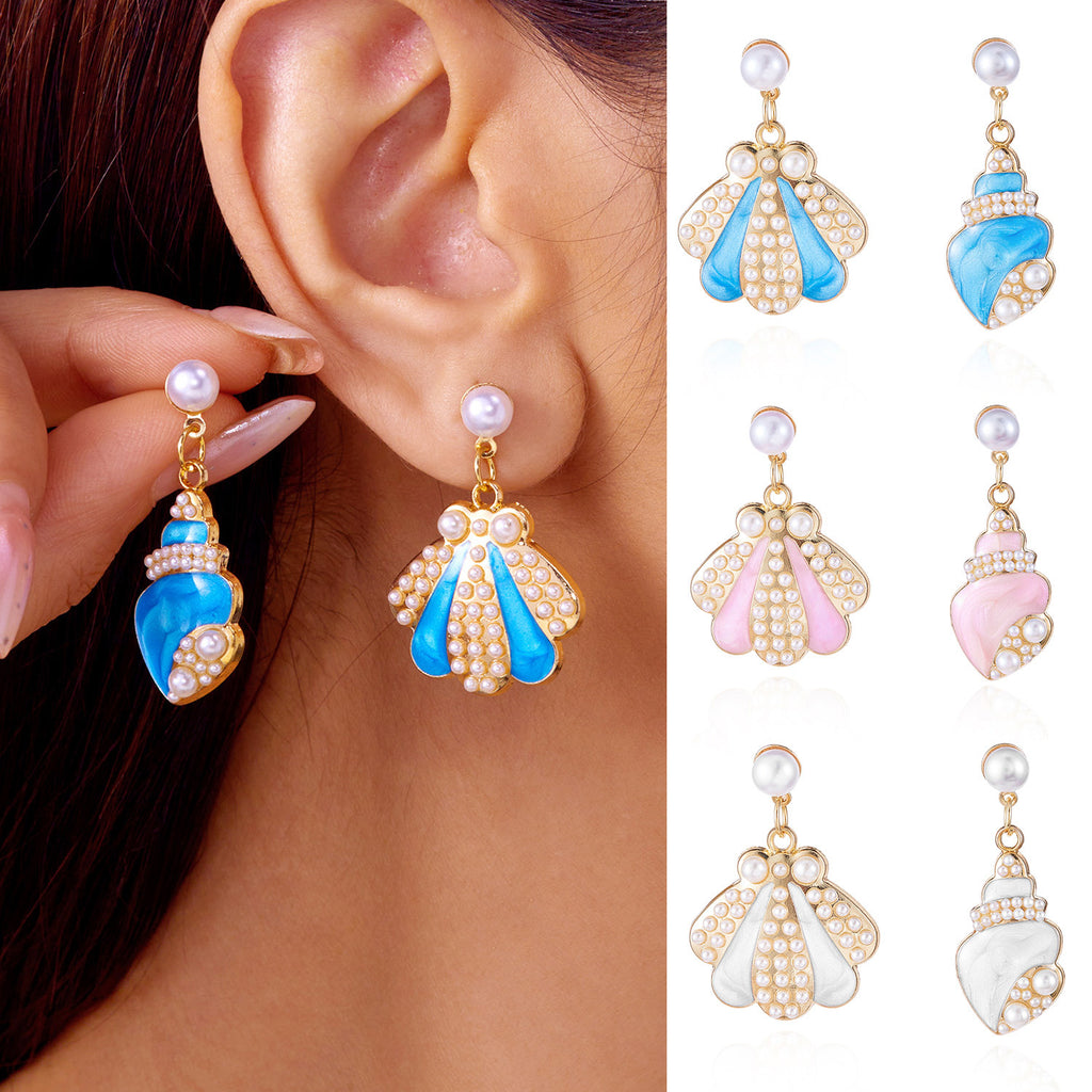 Asymmetric Shell Conch Pearl Drop Earrings