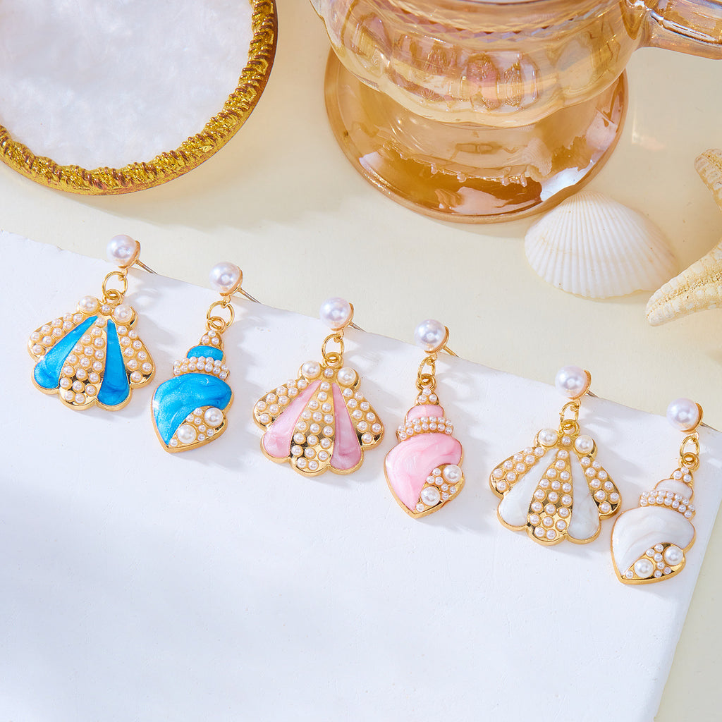 Asymmetric Shell Conch Pearl Drop Earrings - view 3