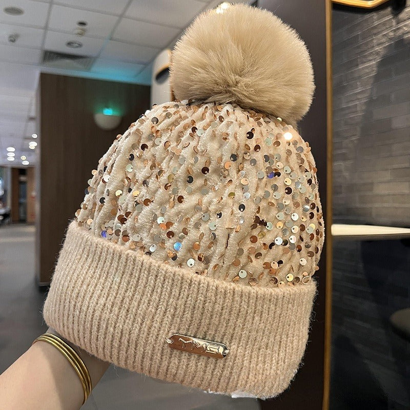 Sparkle Knit Cuffed Beanie With Pom Pom - Beige