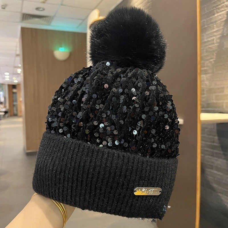 Sparkle Knit Cuffed Beanie With Pom Pom - Black