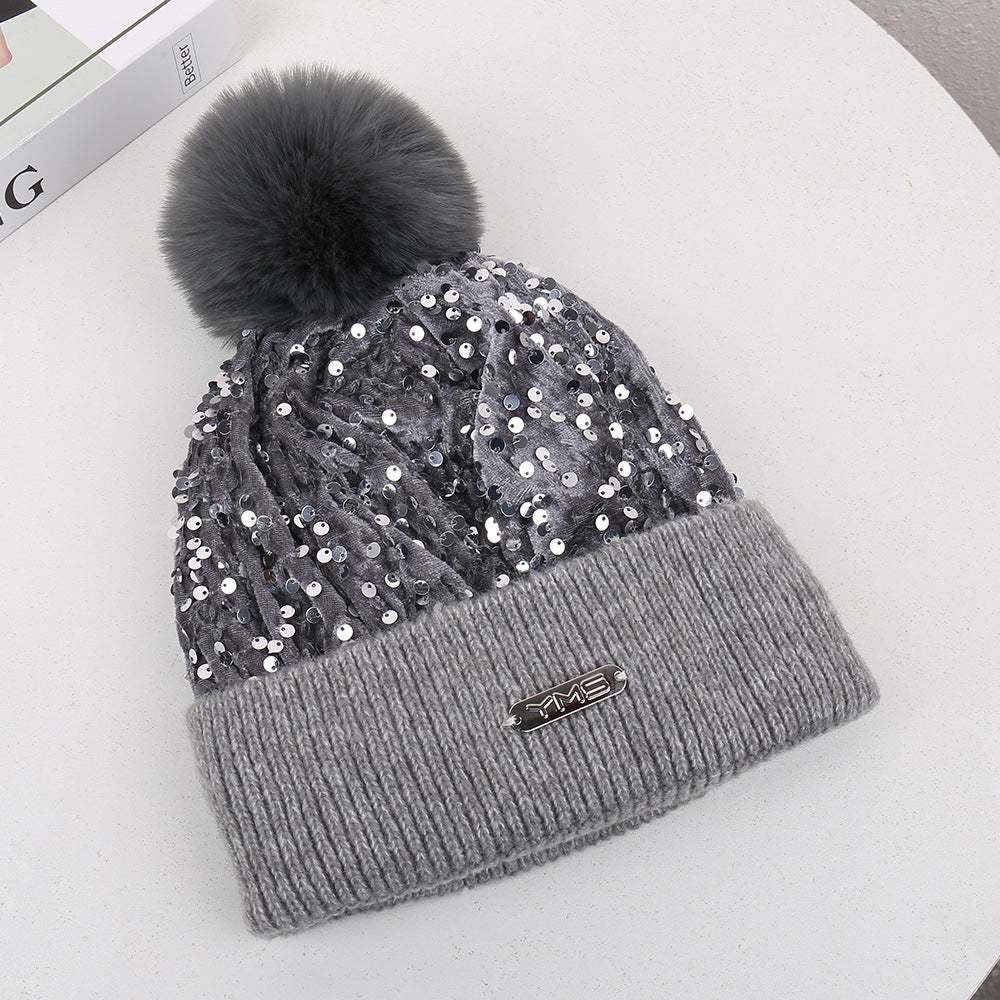 Sparkle Knit Cuffed Beanie With Pom Pom - Grey