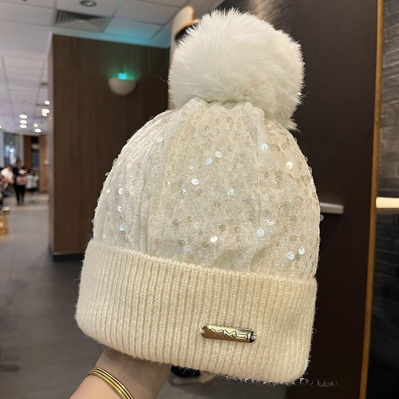 Sparkle Knit Cuffed Beanie With Pom Pom - Offwhite