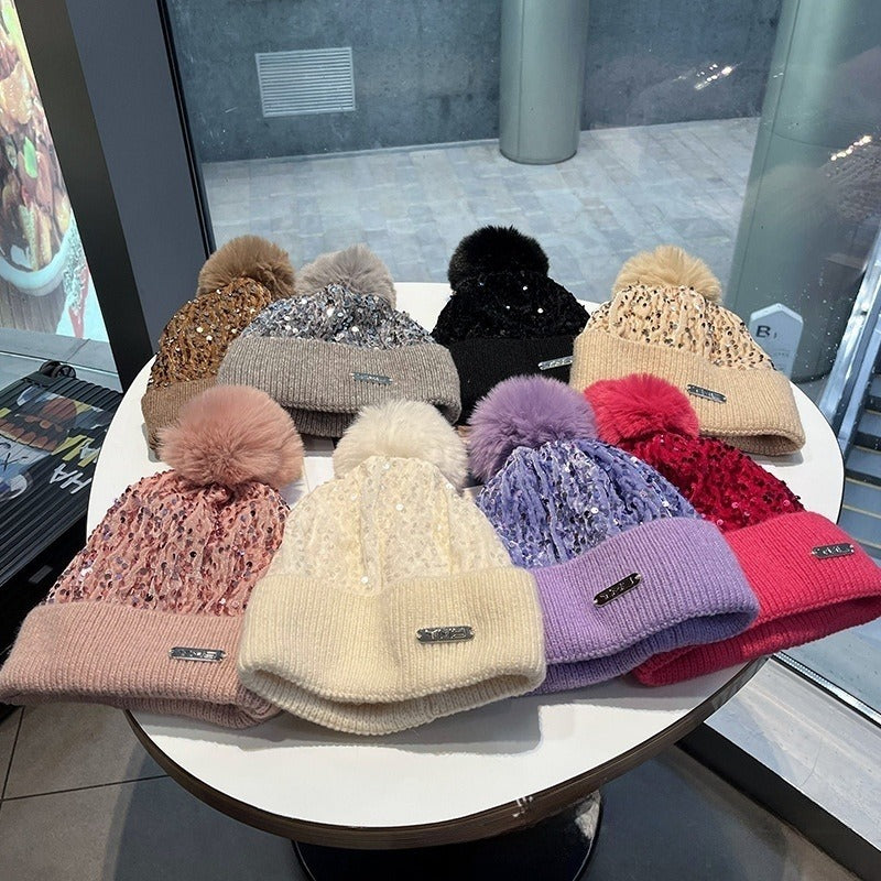 Sparkle Knit Cuffed Beanie With Pom Pom - Offwhite - 1