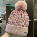 Sparkle Knit Cuffed Beanie With Pom Pom - Pink