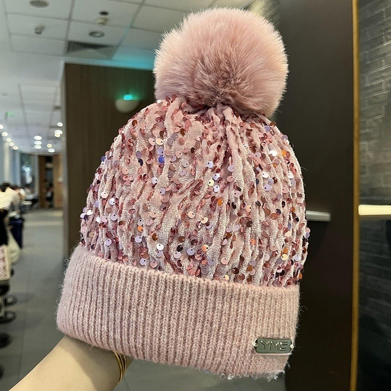 Sparkle Knit Cuffed Beanie With Pom Pom - Pink