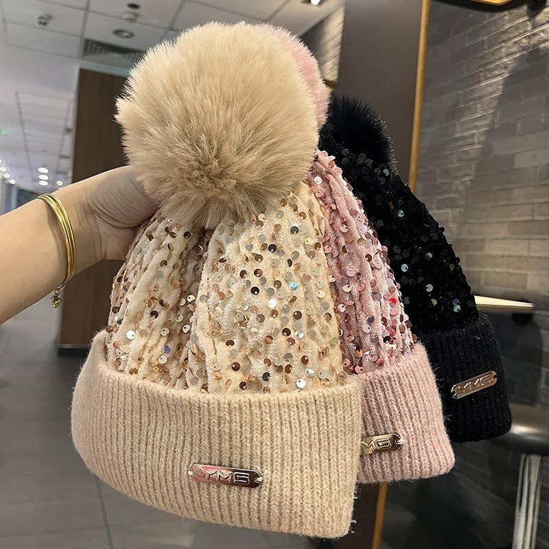 Sparkle Knit Cuffed Beanie With Pom Pom
