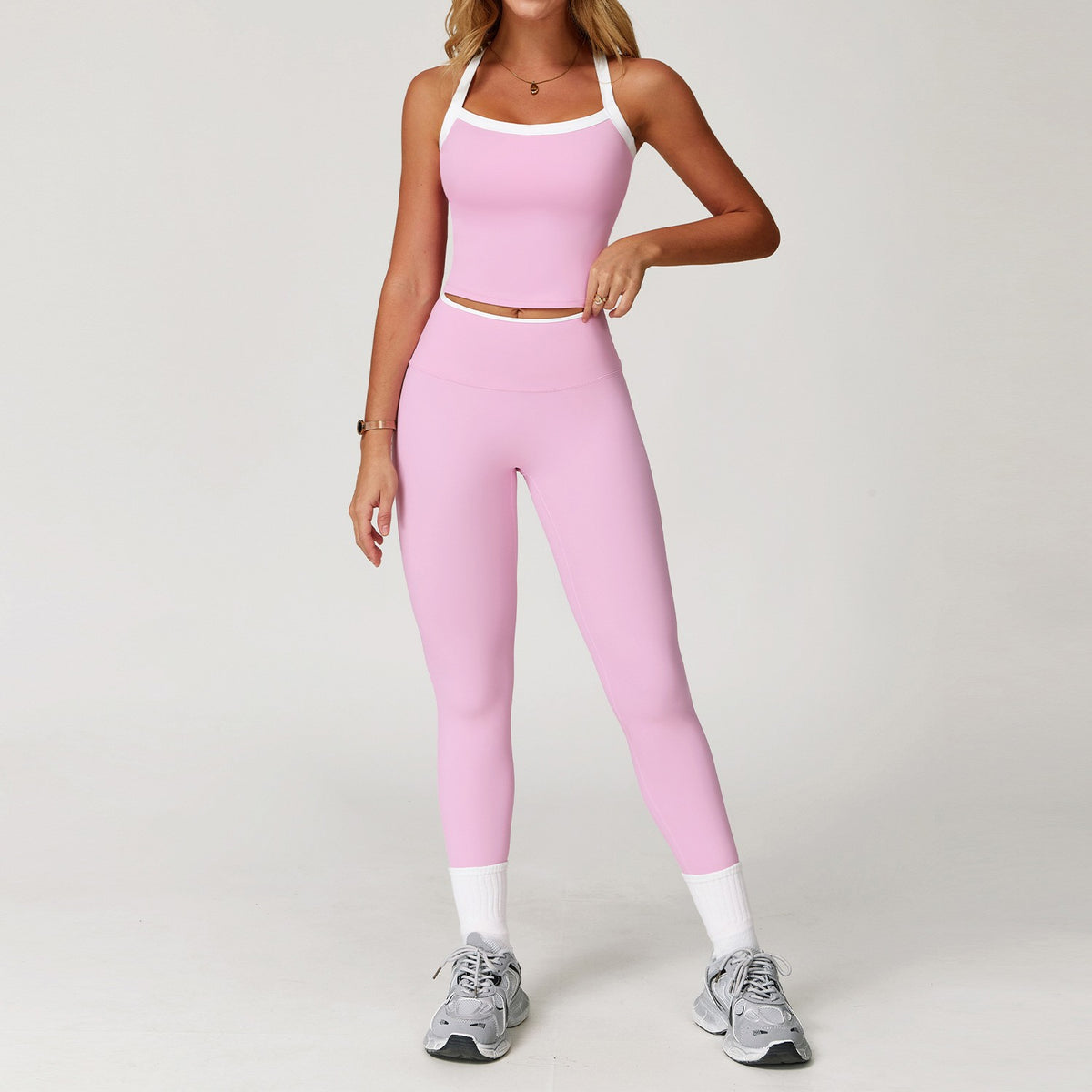 Contrast Trim Strappy Back Padded Tank Workout Set - Pink Leggings