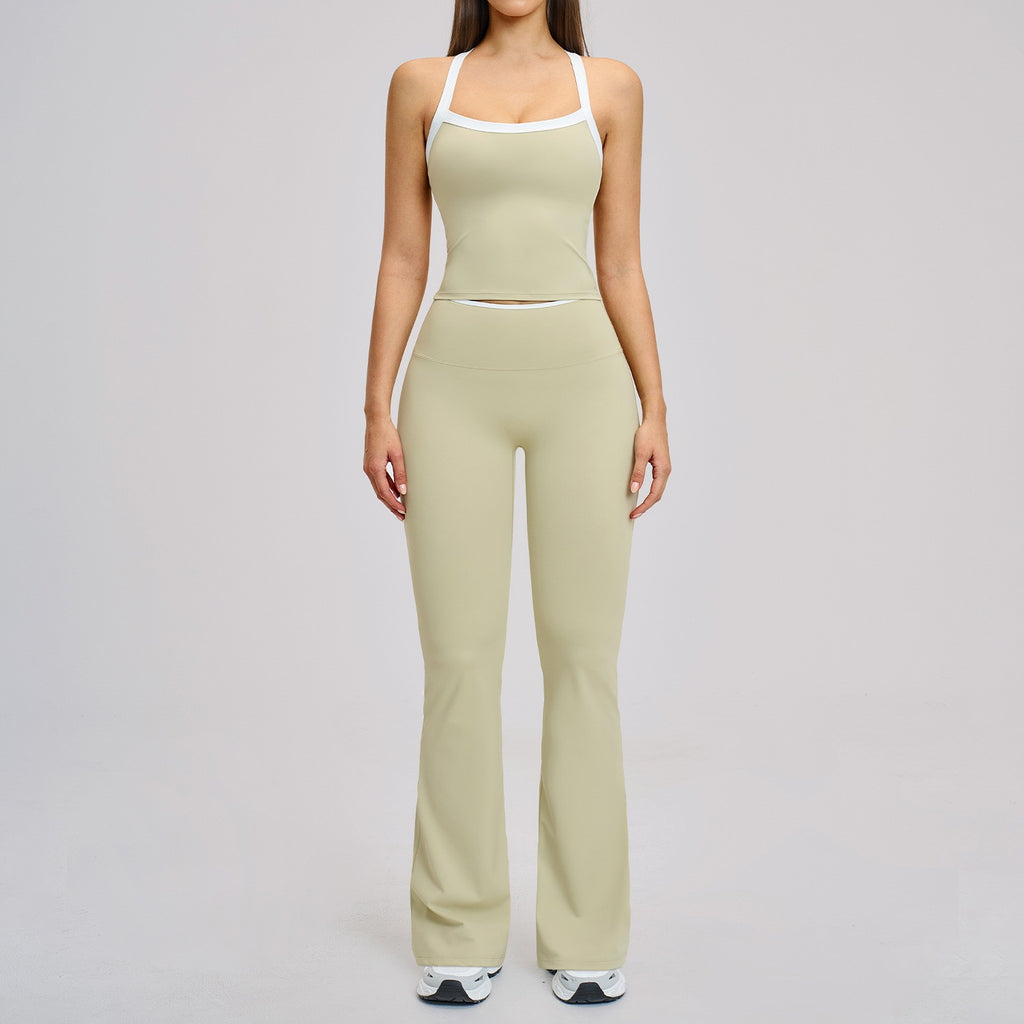 Contrast Trim Strappy Back Padded Tank Workout Set - Sage Flare