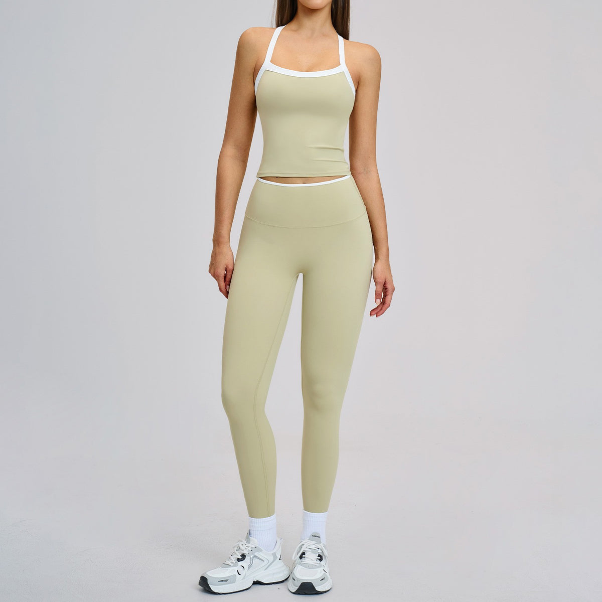 Contrast Trim Strappy Back Padded Tank Workout Set - Sage Leggings