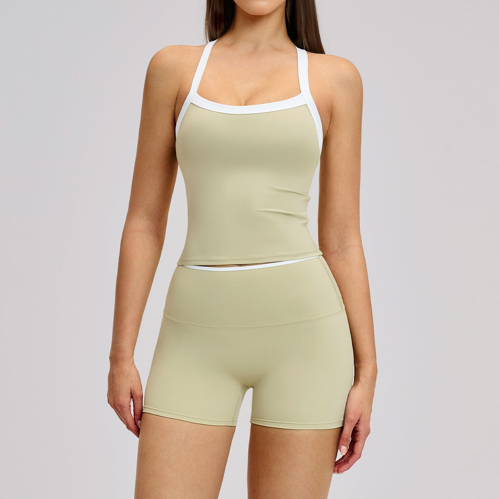 Contrast Trim Strappy Back Padded Tank Workout Set - Sage Shorts
