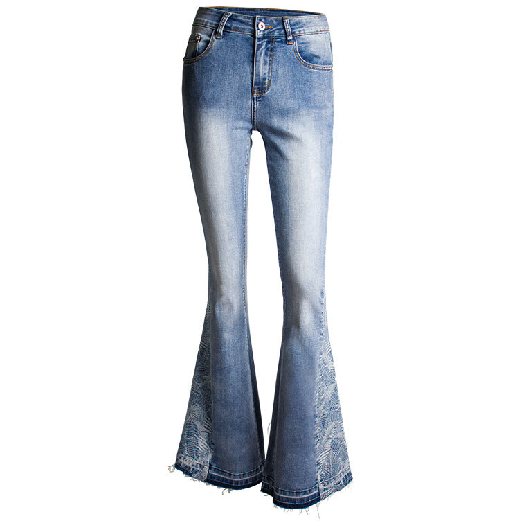 Floral Panel Flare Jeans - Blue