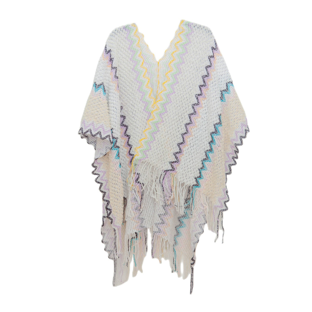 Zigzag Knit Fringed Open Front Kimono - Beige