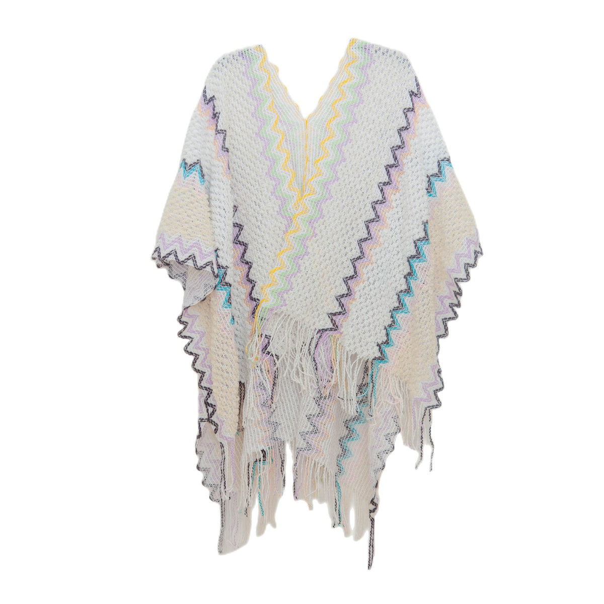 Zigzag Knit Fringed Open Front Kimono - Beige