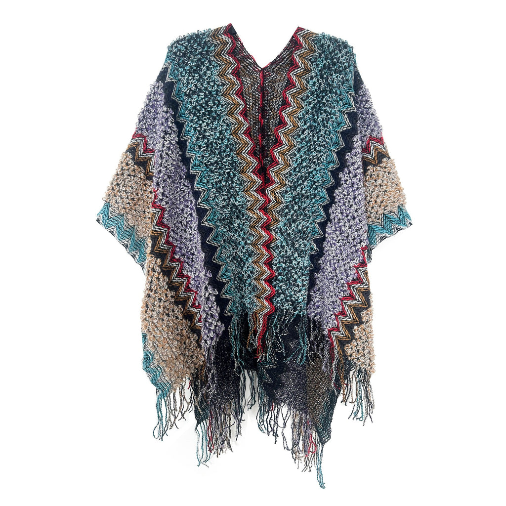 Zigzag Knit Fringed Open Front Kimono - Blue