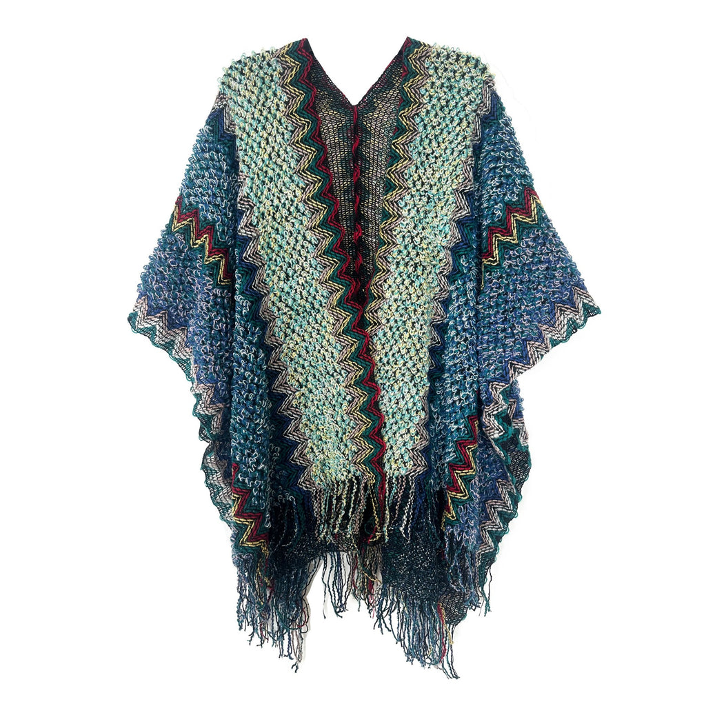 Zigzag Knit Fringed Open Front Kimono - Green