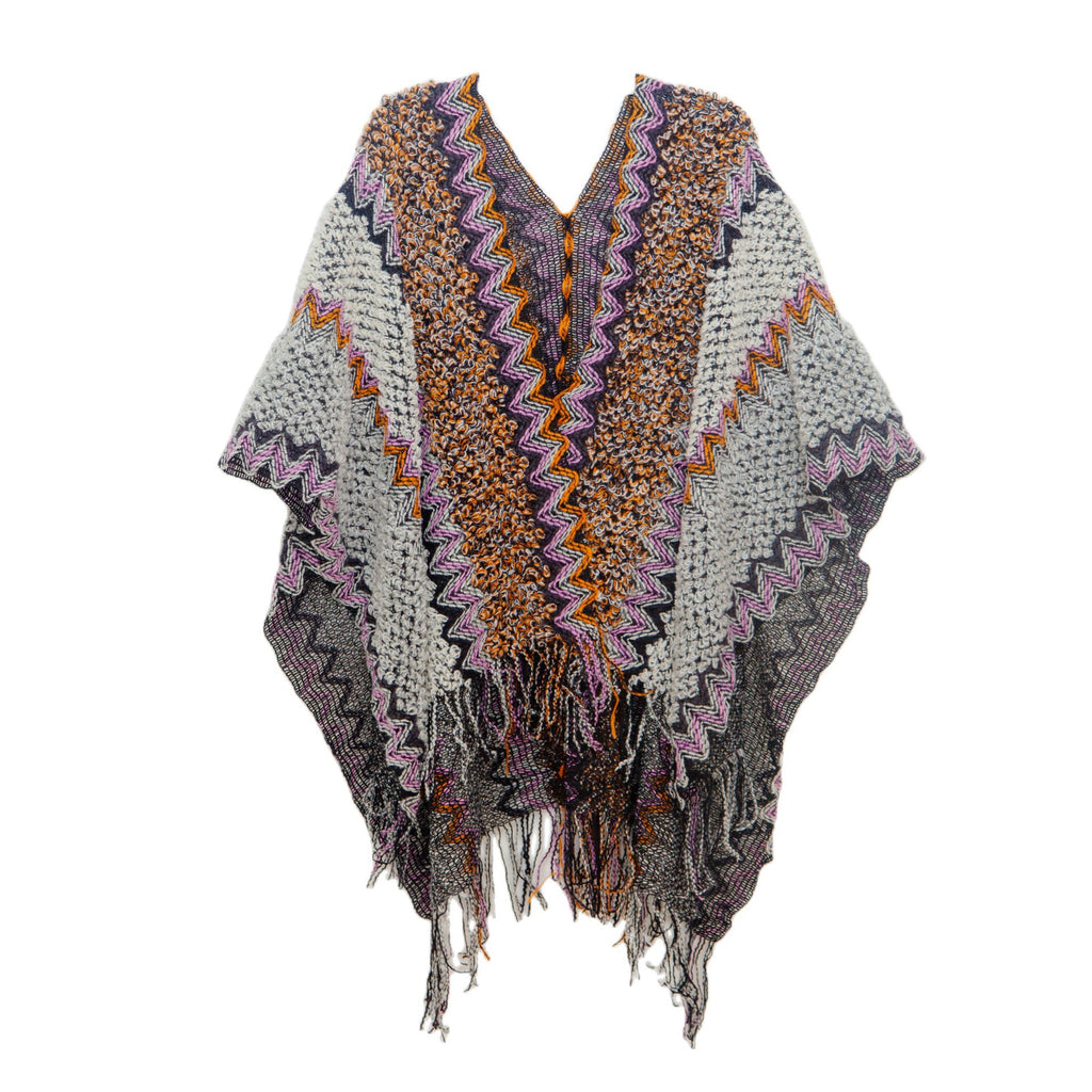 Zigzag Knit Fringed Open Front Kimono - Grey