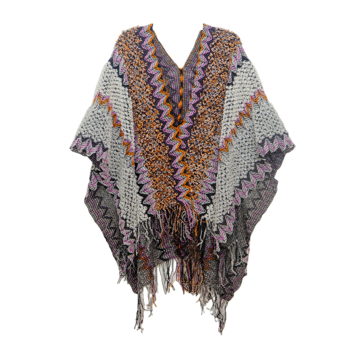 Zigzag Knit Fringed Open Front Kimono - Grey