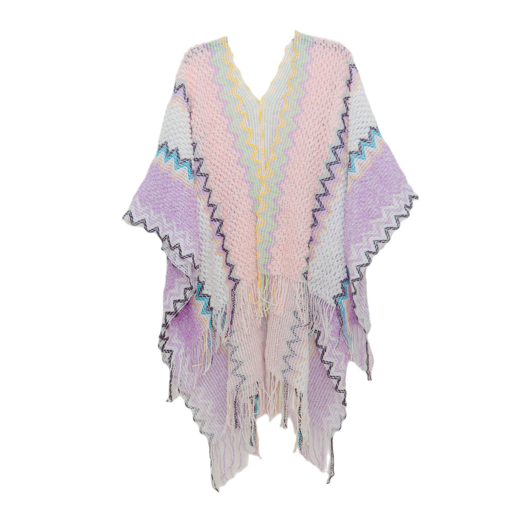 Zigzag Knit Fringed Open Front Kimono - Pink