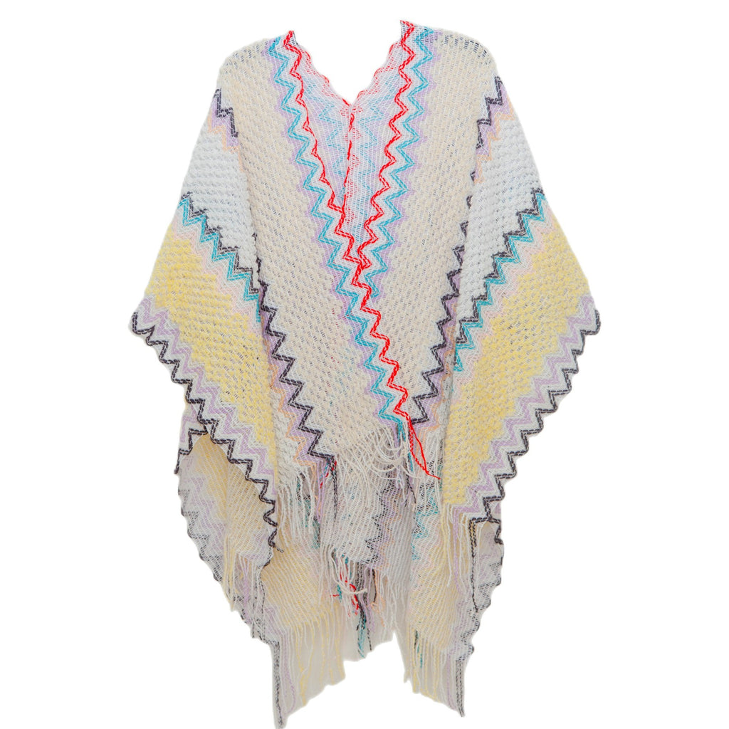Zigzag Knit Fringed Open Front Kimono - White