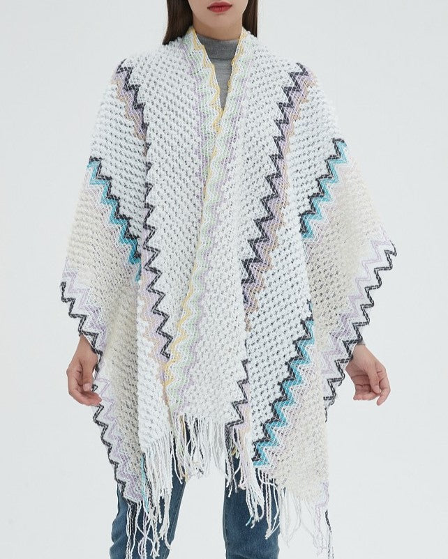 Zigzag Knit Fringed Open Front Kimono