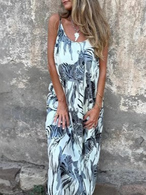 Animal Print Cami Maxi Dress With Pockets - Gray