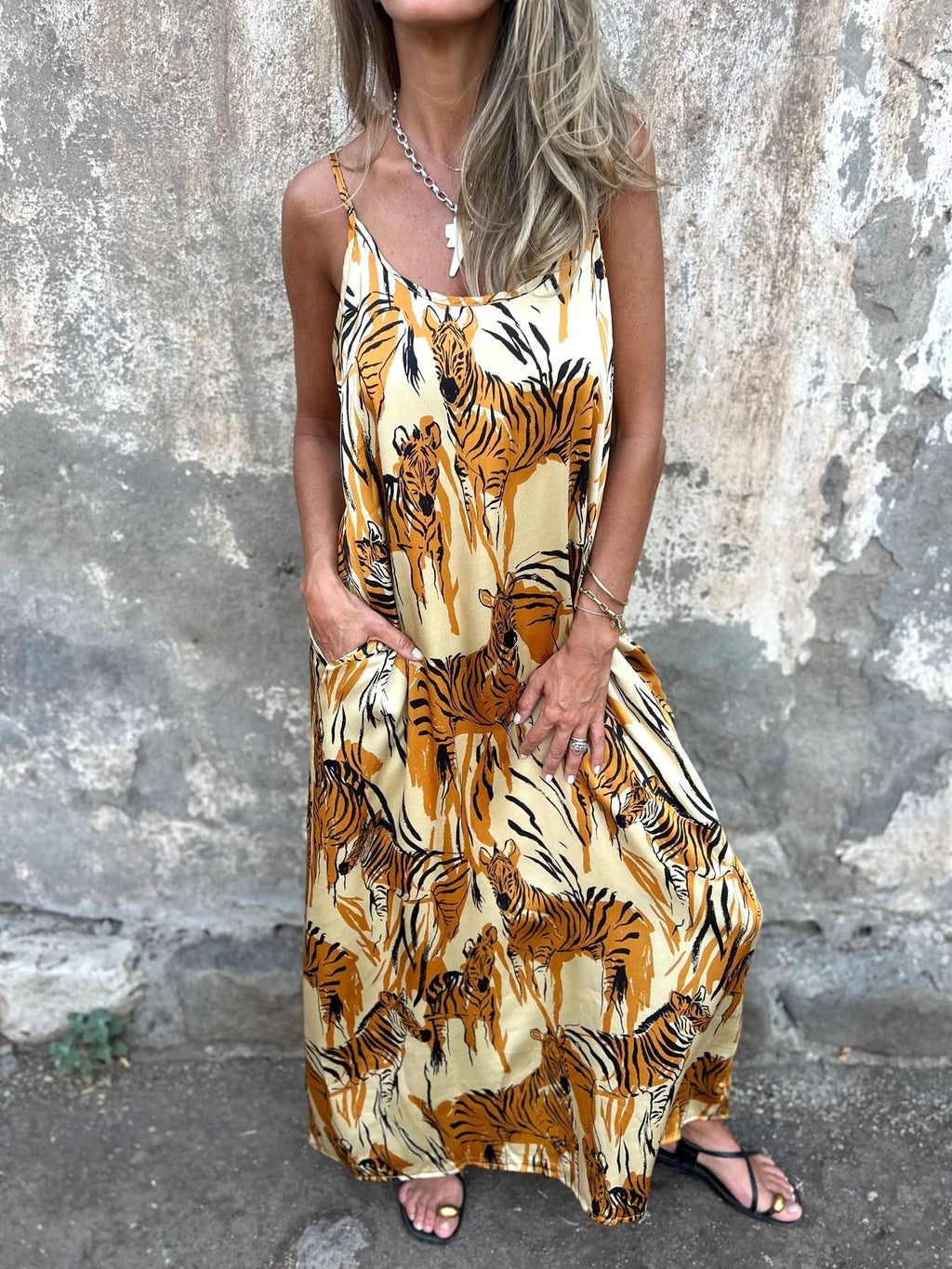 Animal Print Cami Maxi Dress With Pockets - Yellow