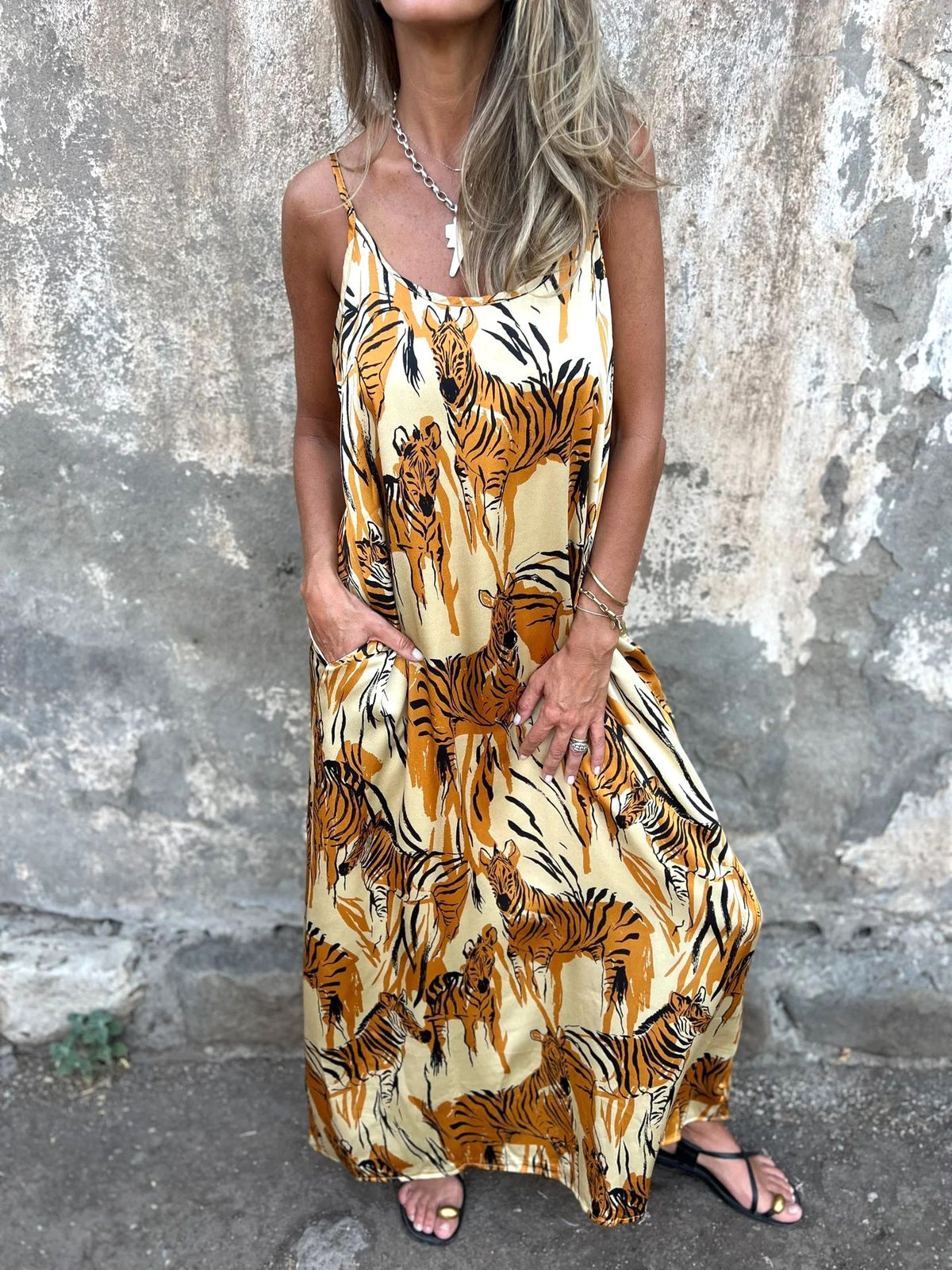 Animal Print Cami Maxi Dress With Pockets - Yellow