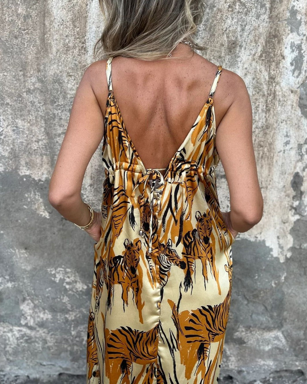 Animal Print Cami Maxi Dress With Pockets - Yellow - 1