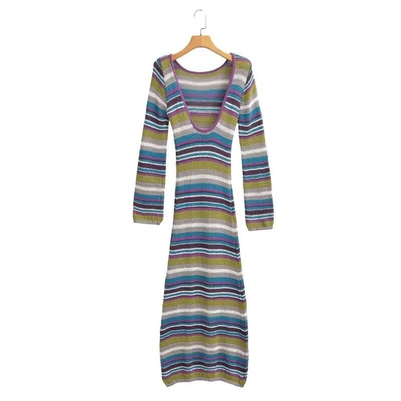 Striped Open Back Knit Maxi Dress - Blue - 1