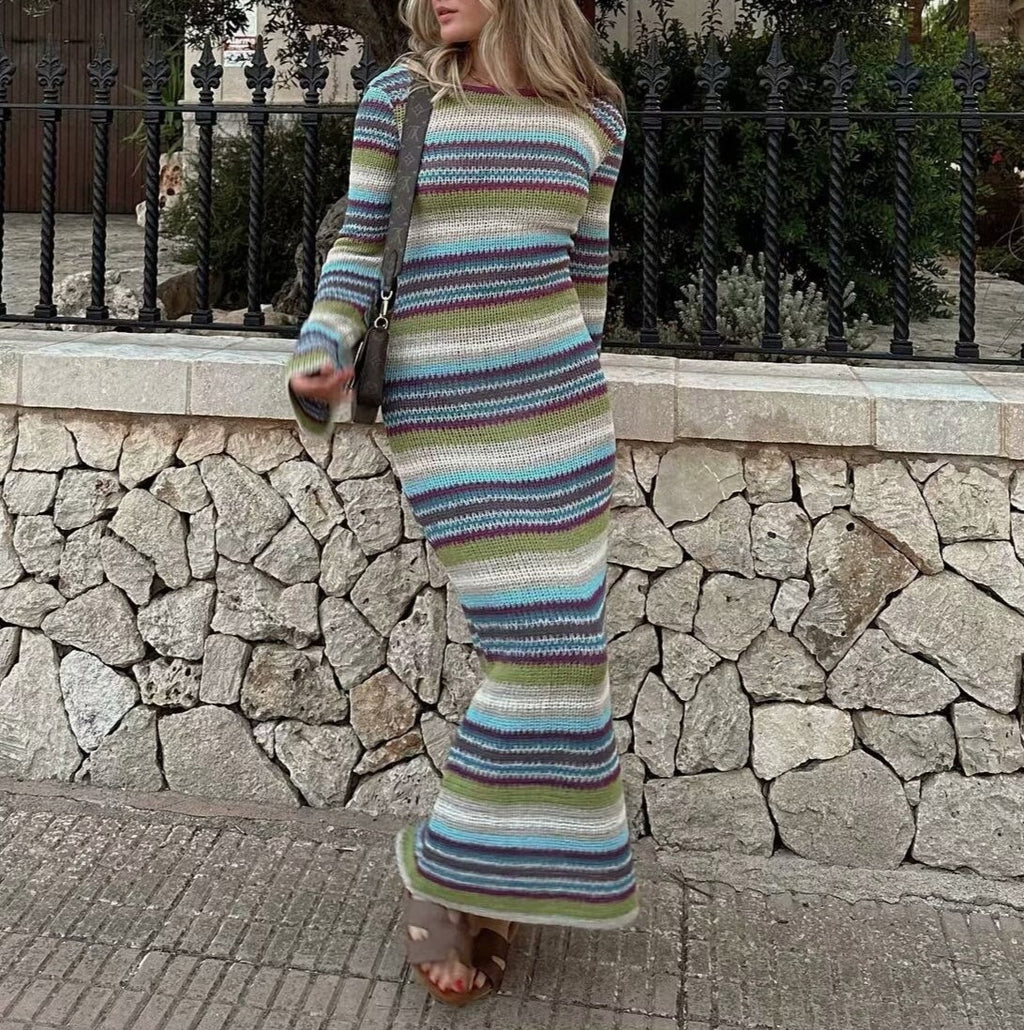 Striped Open Back Knit Maxi Dress - Blue - 2