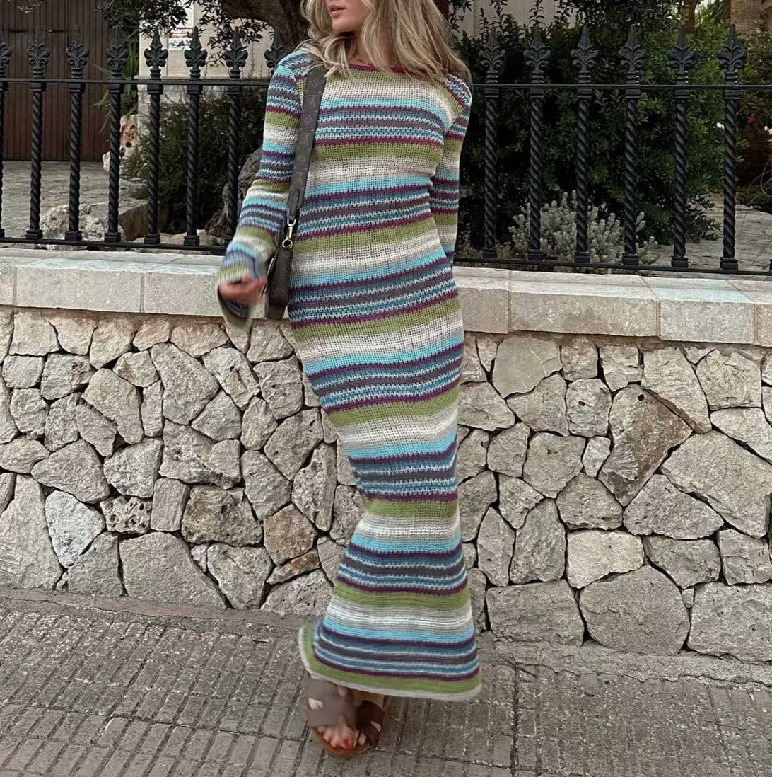 Striped Open Back Knit Maxi Dress - Blue - 2