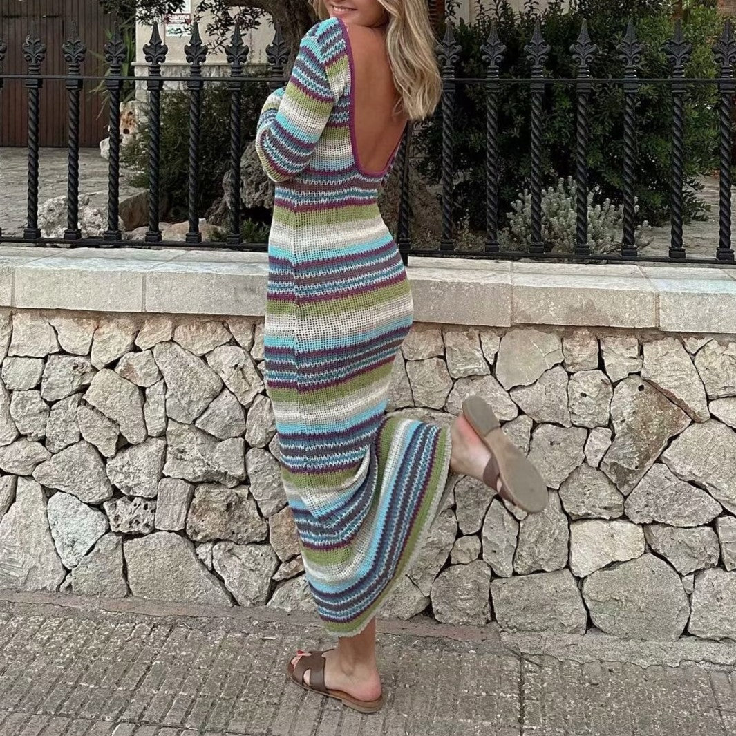 Striped Open Back Knit Maxi Dress - Blue - 4
