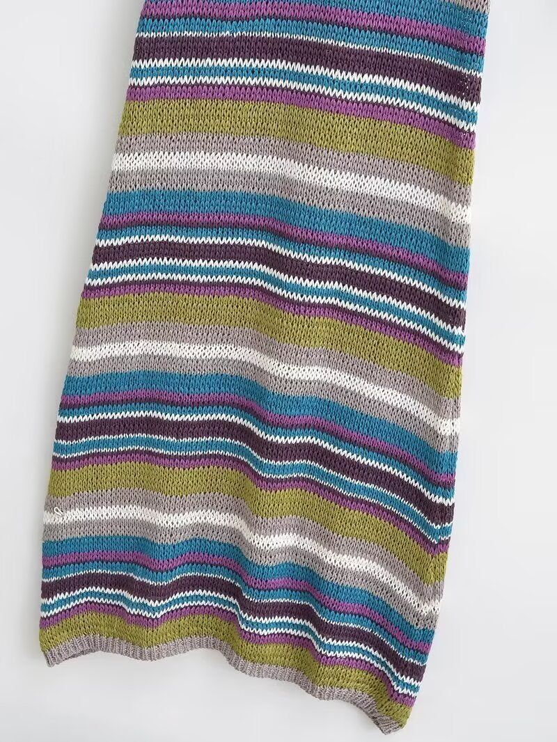 Striped Open Back Knit Maxi Dress - Blue - 6