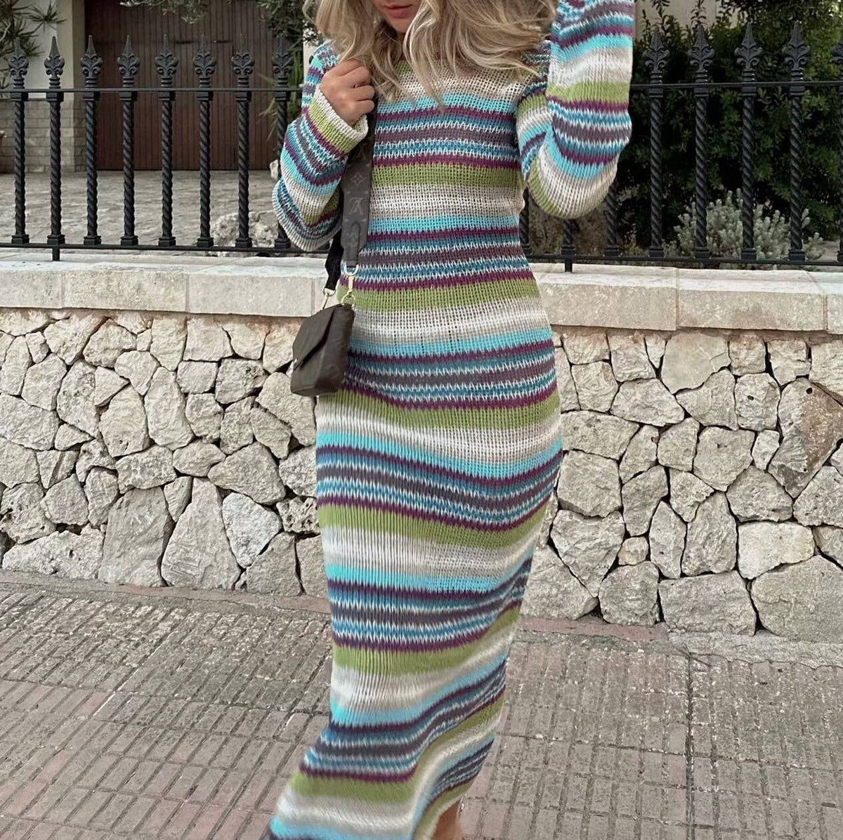 Striped Open Back Knit Maxi Dress