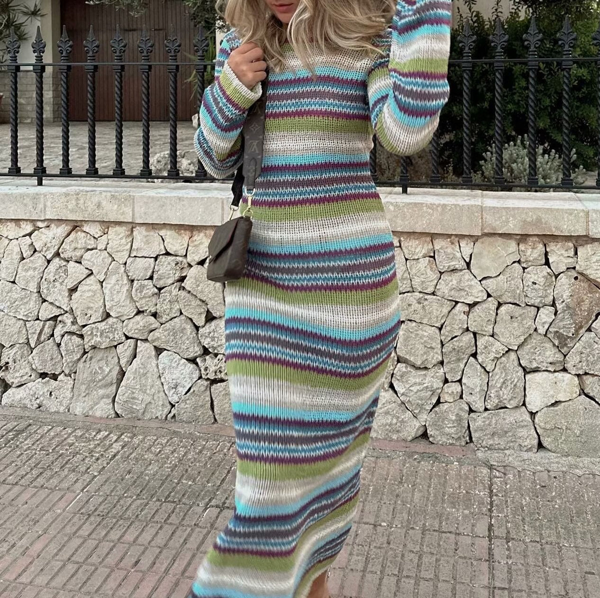 Striped Open Back Knit Maxi Dress - view 1