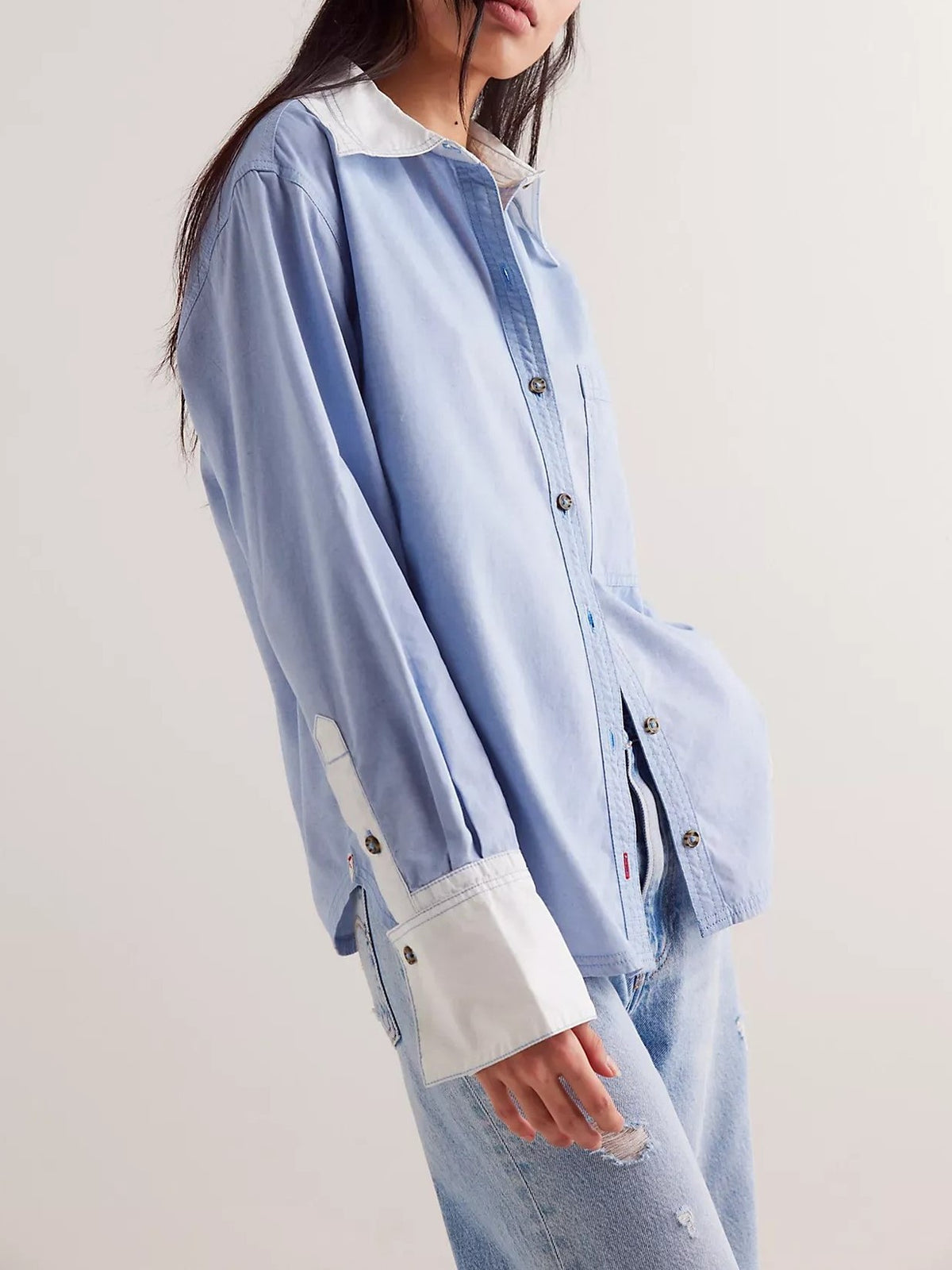 Contrast Cuff Oversized Button Down Shirt - Blue