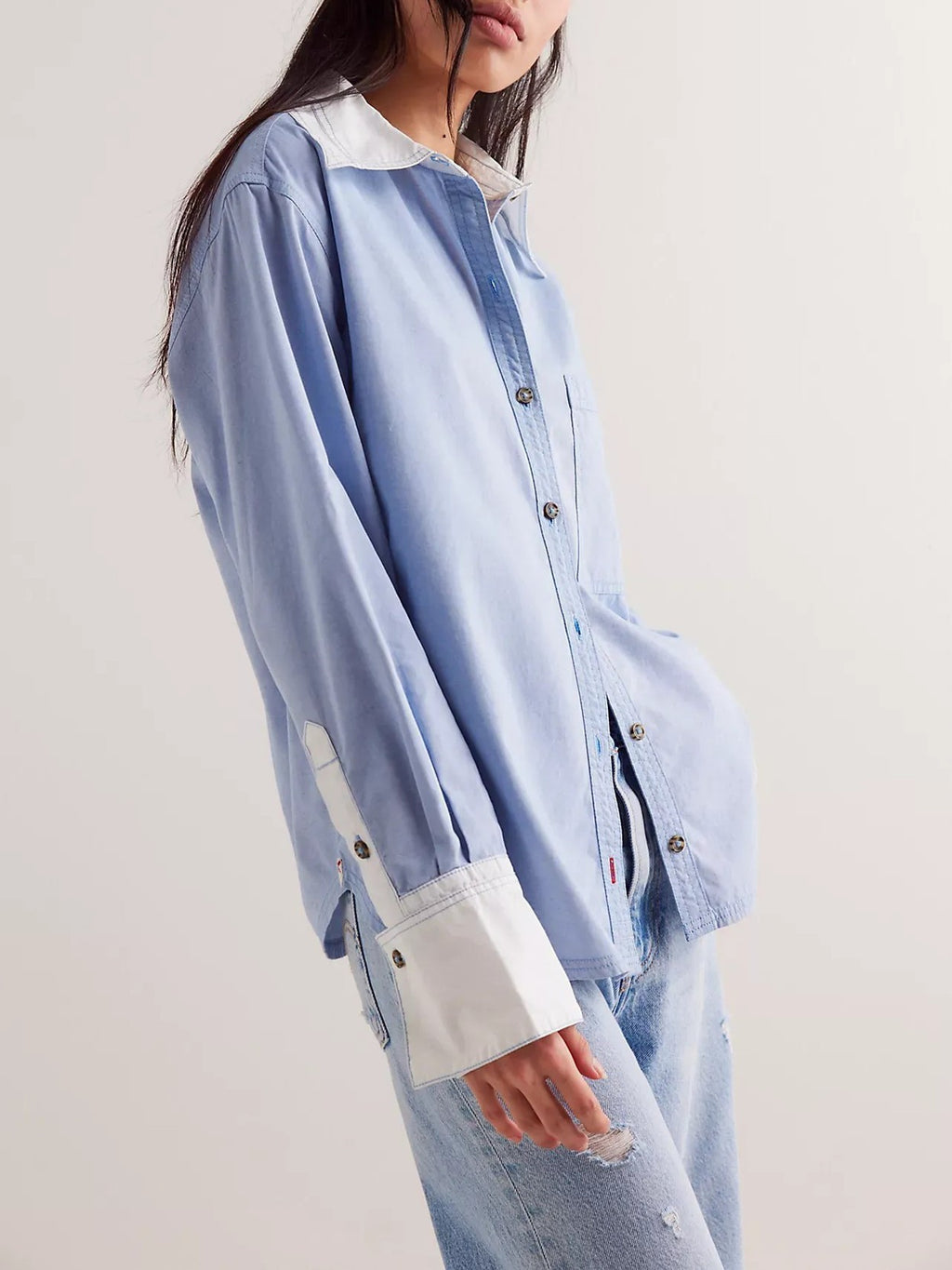 Contrast Cuff Oversized Button Down Shirt - Blue - 1