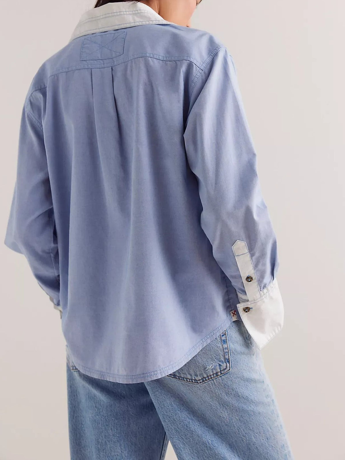 Contrast Cuff Oversized Button Down Shirt - Blue - 2