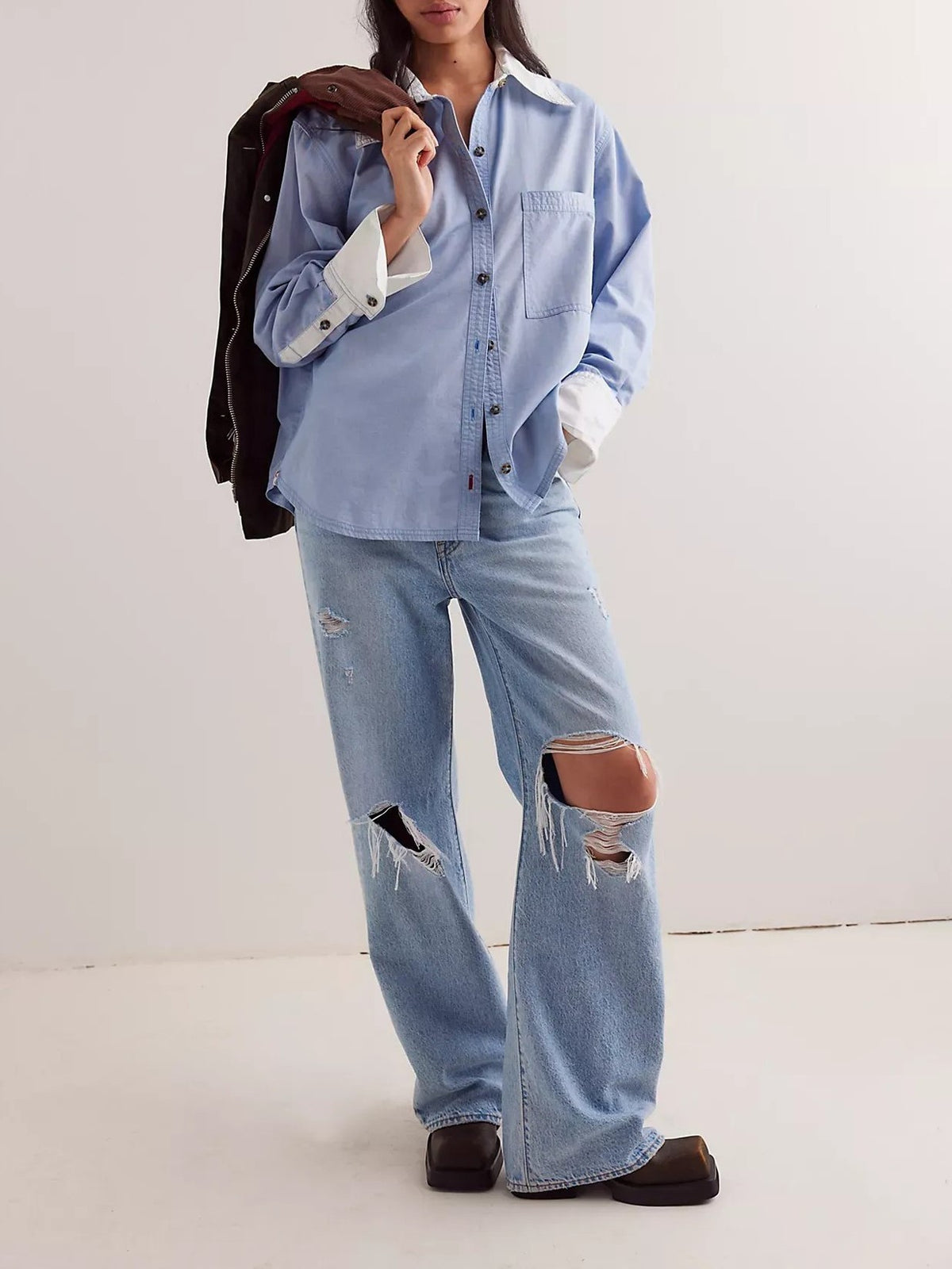 Contrast Cuff Oversized Button Down Shirt - Blue - 3