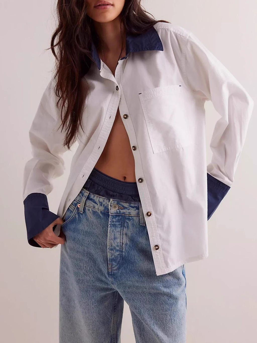 Contrast Cuff Oversized Button Down Shirt - BlueWhite