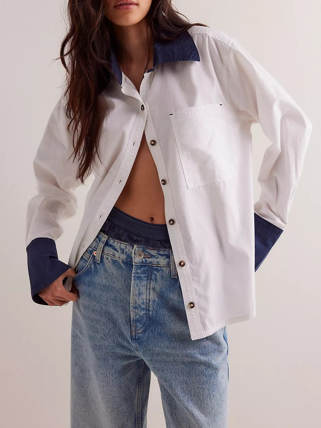 Contrast Cuff Oversized Button Down Shirt - BlueWhite - 1
