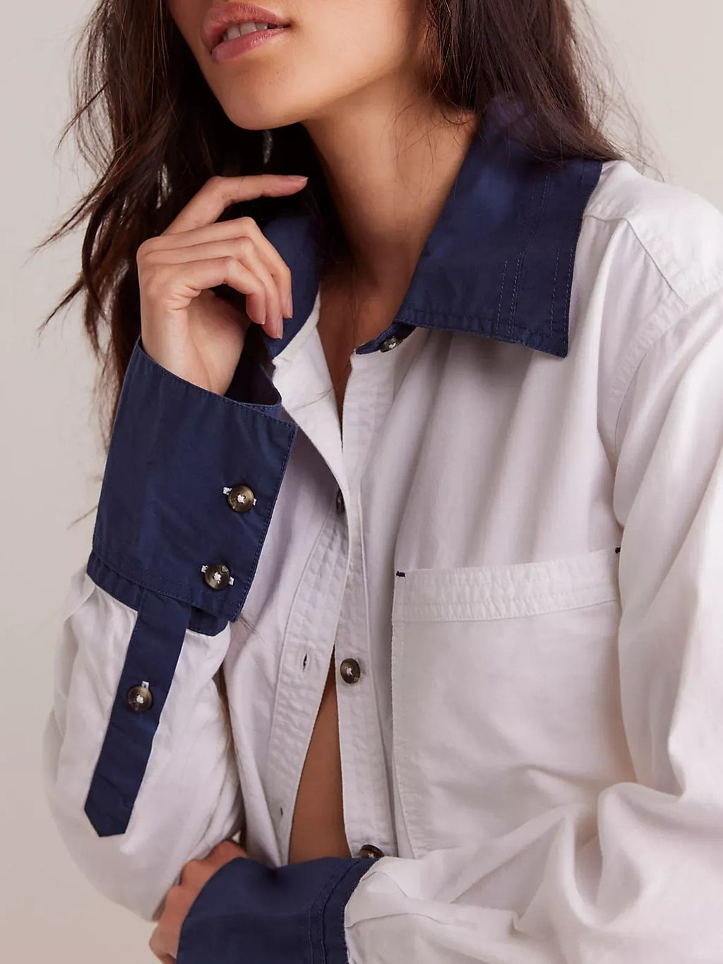 Contrast Cuff Oversized Button Down Shirt - BlueWhite - 2