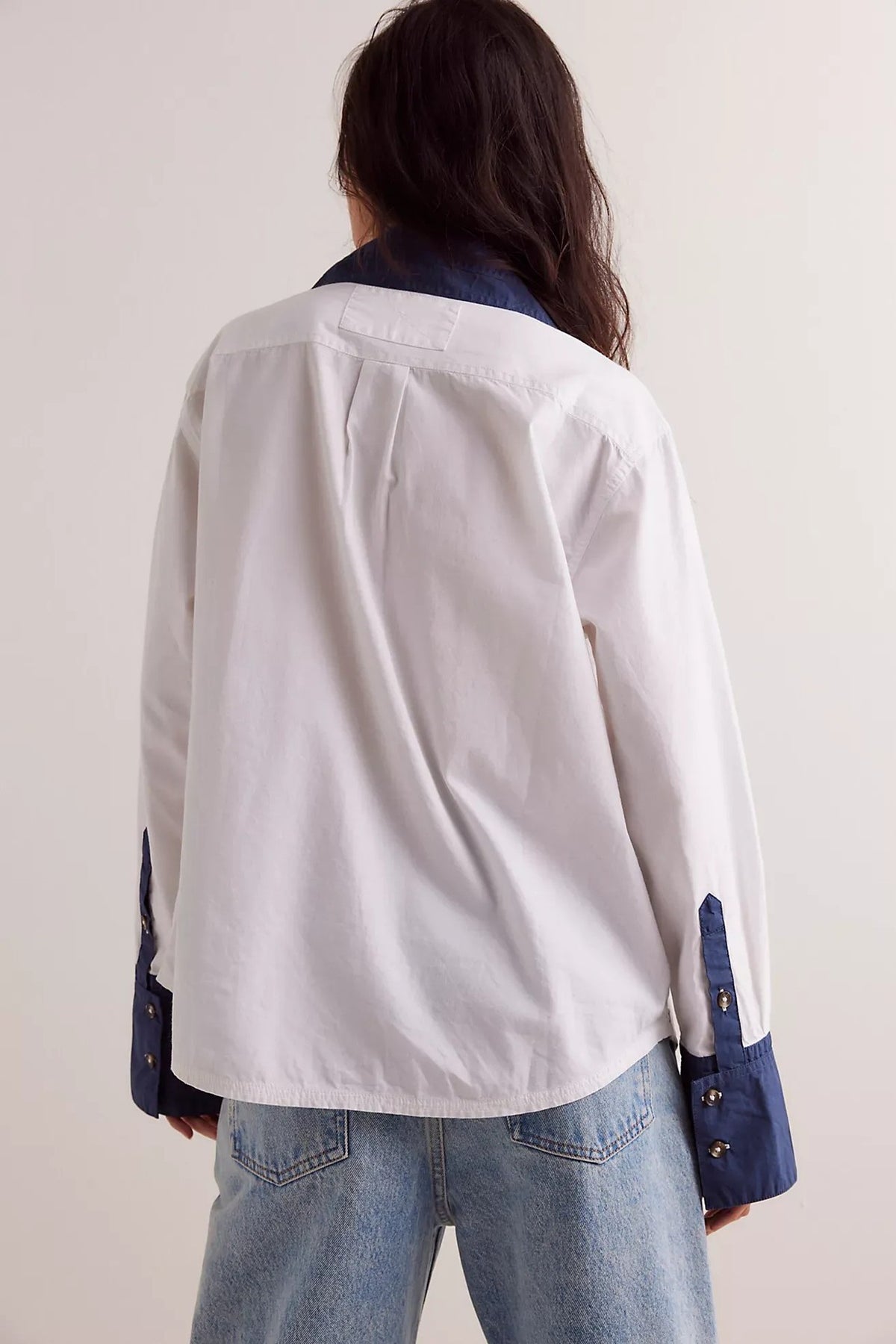 Contrast Cuff Oversized Button Down Shirt - BlueWhite - 3