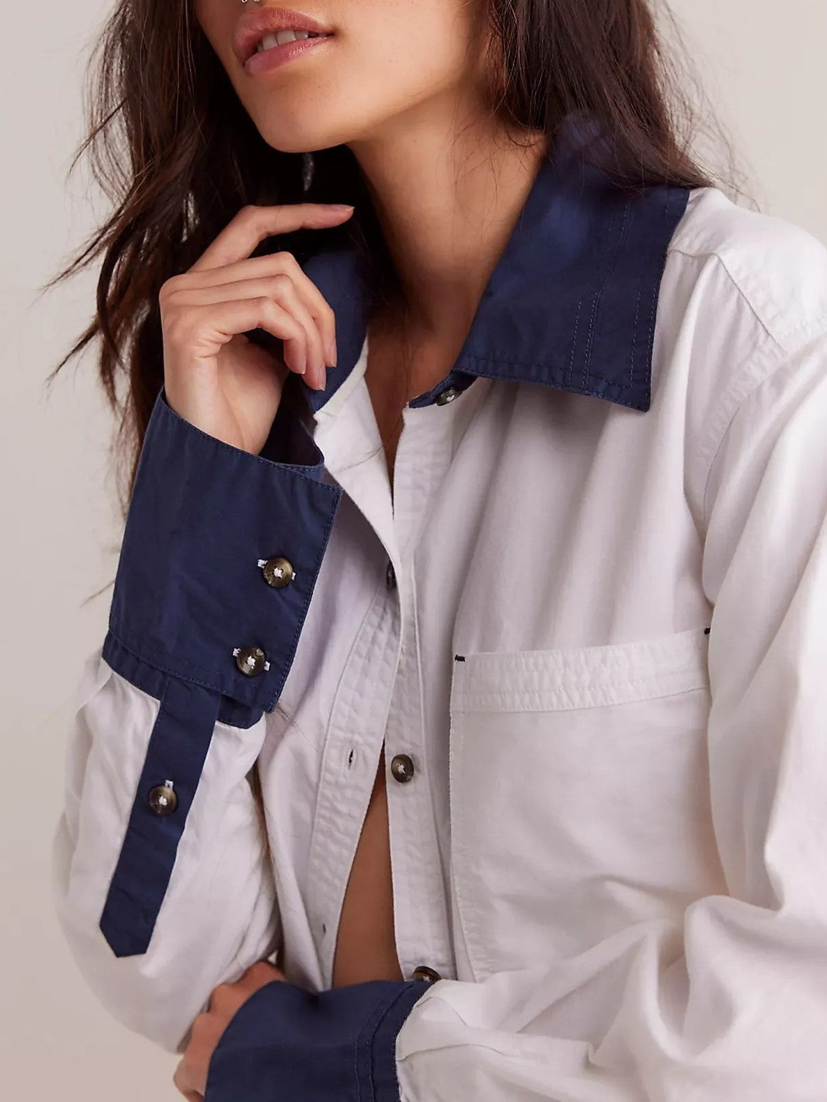 Contrast Cuff Oversized Button Down Shirt - BlueWhite - 4