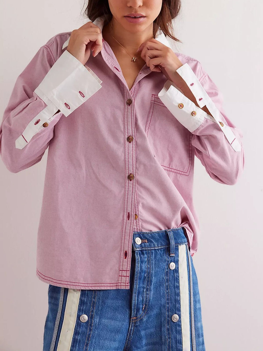 Contrast Cuff Oversized Button Down Shirt - Mauve - 1