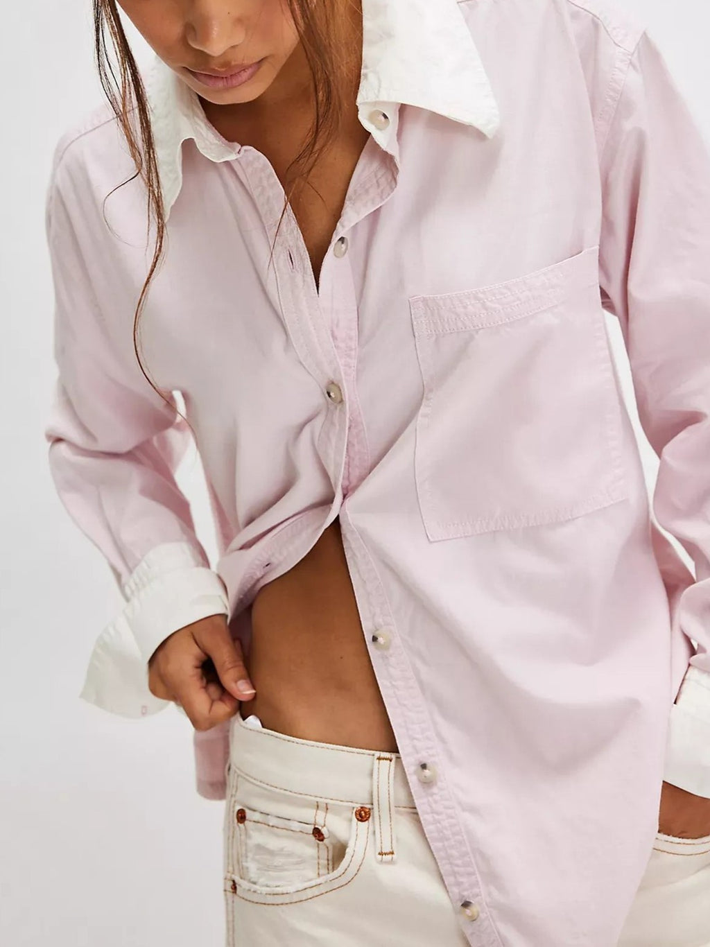Contrast Cuff Oversized Button Down Shirt - Pink