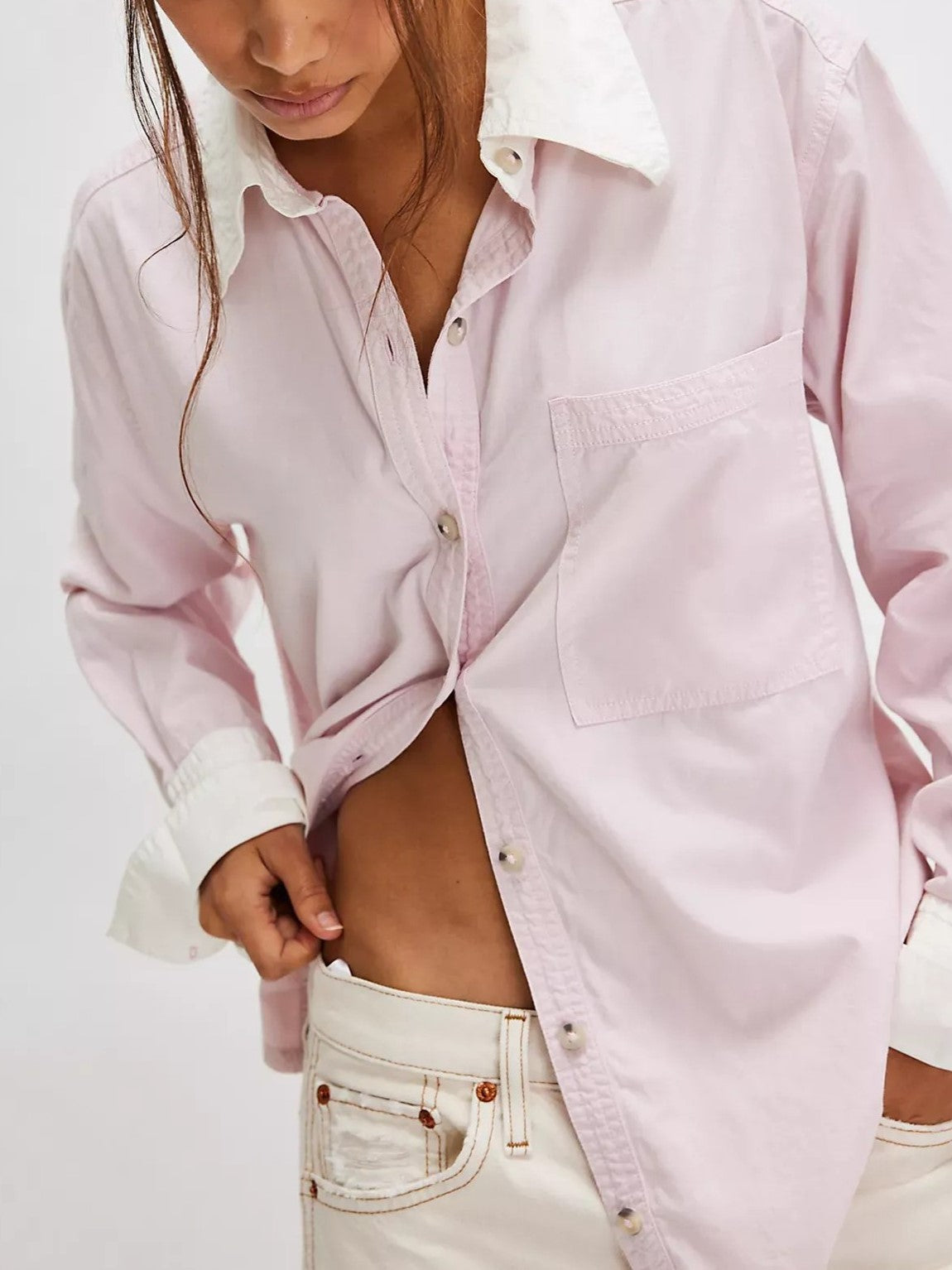 Contrast Cuff Oversized Button Down Shirt - Pink